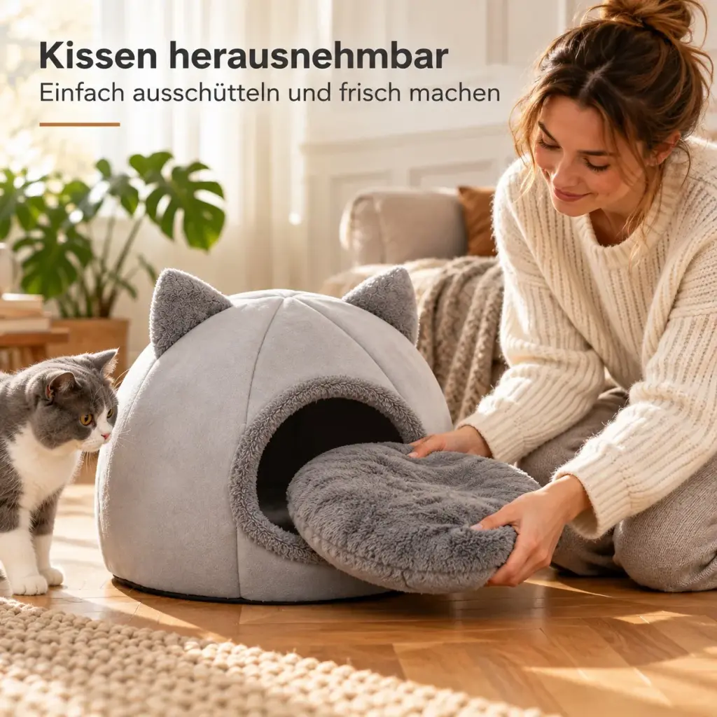 Herausnehmbares rundes Kissen neben der Katzenhöhle