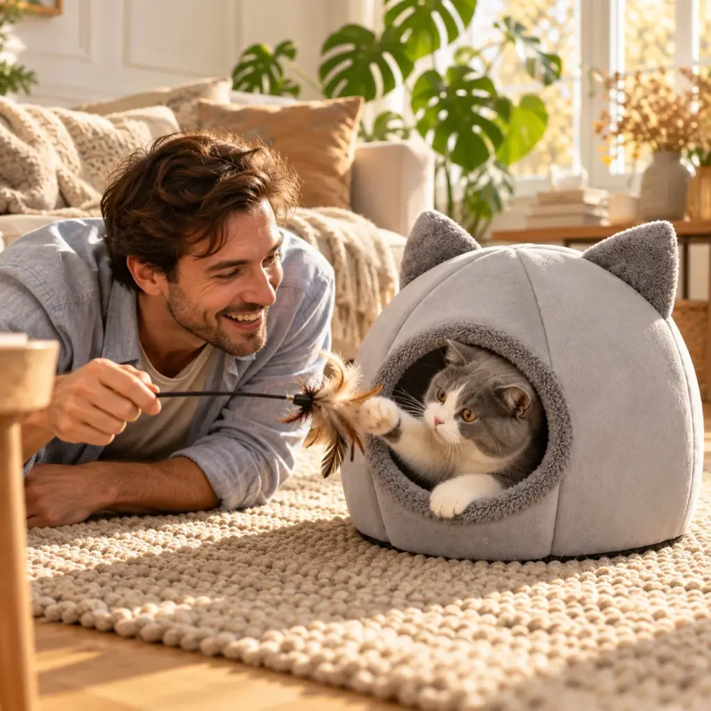 Mann spielt am Sonntagmorgen mit der Katze, die aus ihrer Höhle schaut