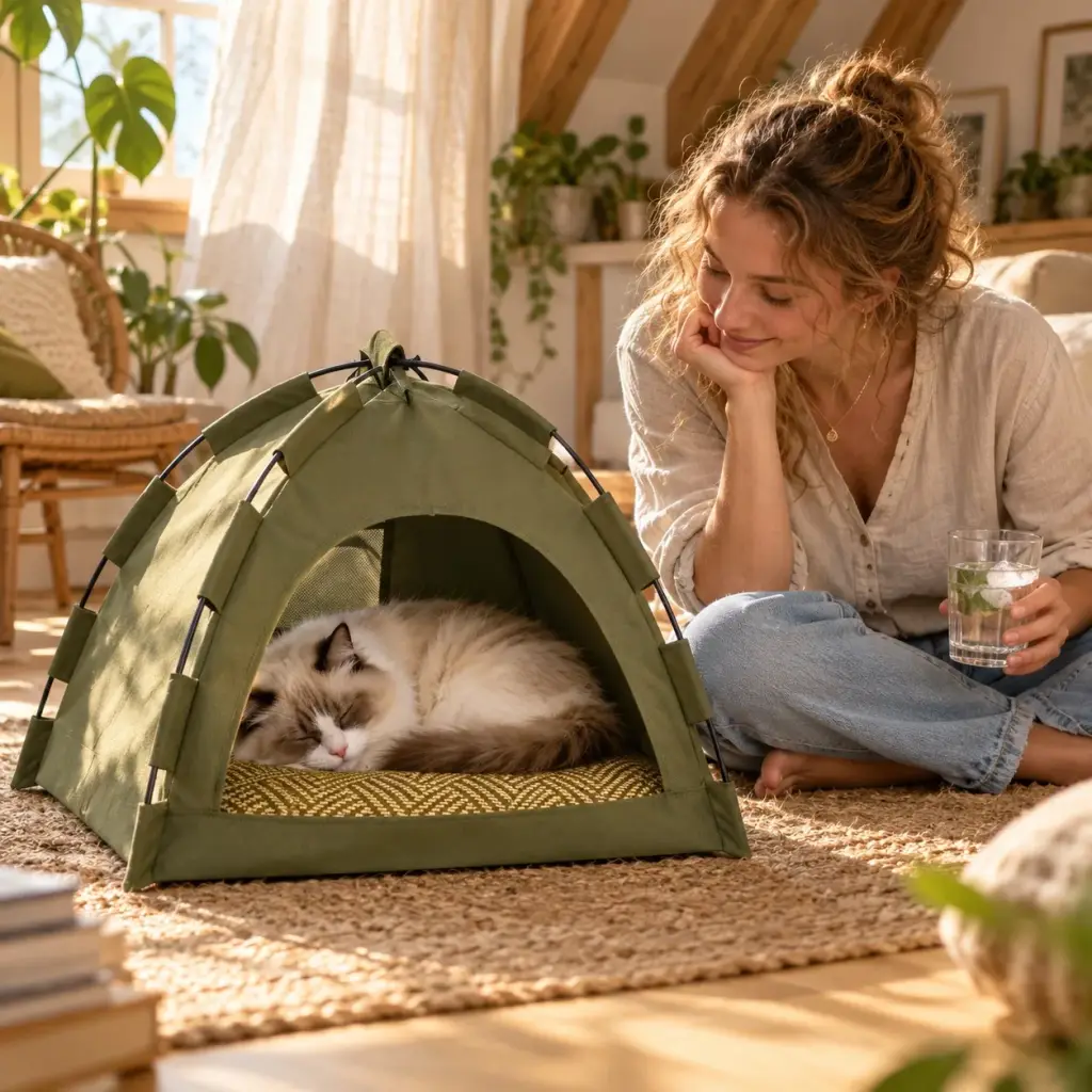 Ragdoll-Katze schläft im olivgrünen Katzenzelt in einem sonnigen Wohnzimmer