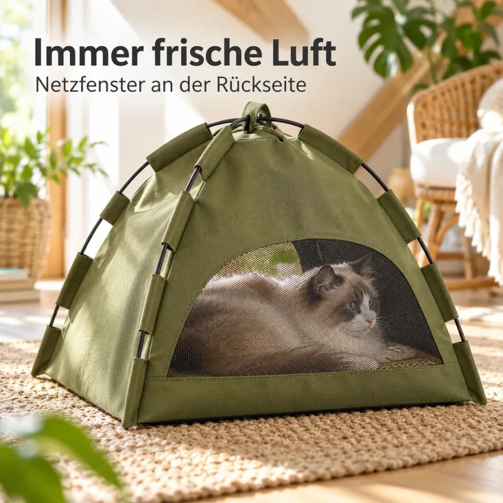 Rückseite der Katzenhütte mit Netzfenster für frische Luft