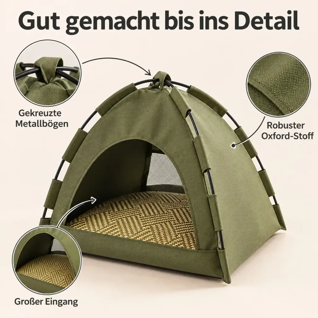 Details der Katzenhütte: gekreuzte Metallbögen, Oxford-Stoff und gewölbter Eingang