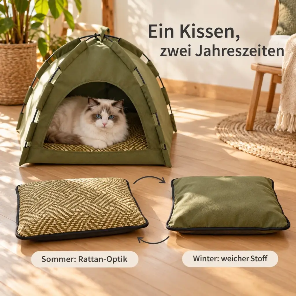 Wendekissen mit Rattan-Optik und Stoffseite neben dem Zelt