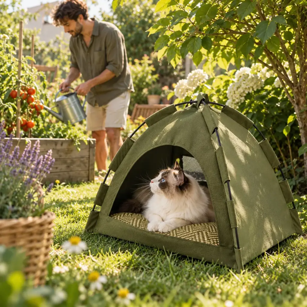 Katzenzelt im Garten, daneben gießt die Besitzerin die Beete