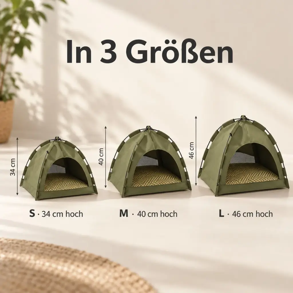 Katzenhütte in den Größen S, M und L mit Maßangaben