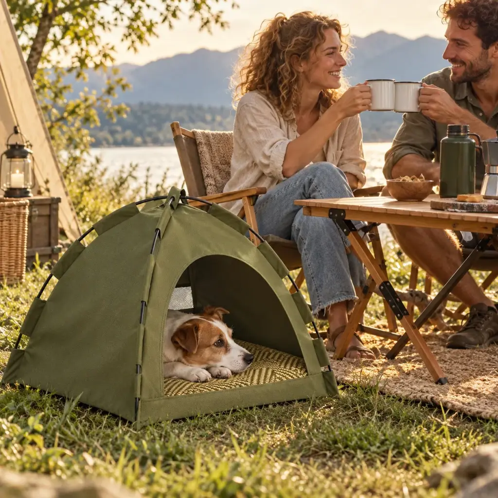 Kleiner Hund liegt im Katzenzelt neben dem Campingtisch