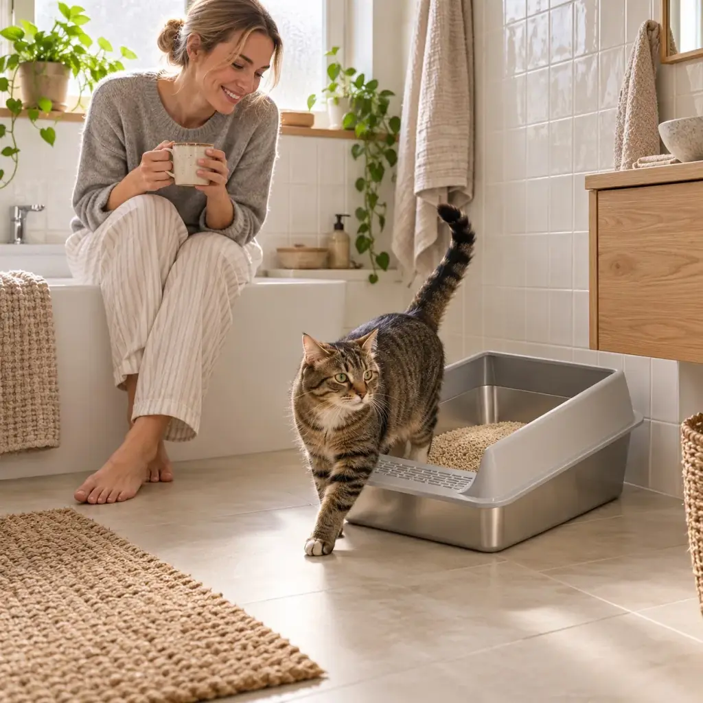 Getigerte Katze verlässt das Edelstahl-Katzenklo im hellen Badezimmer, Besitzerin mit Kaffeetasse im Hintergrund