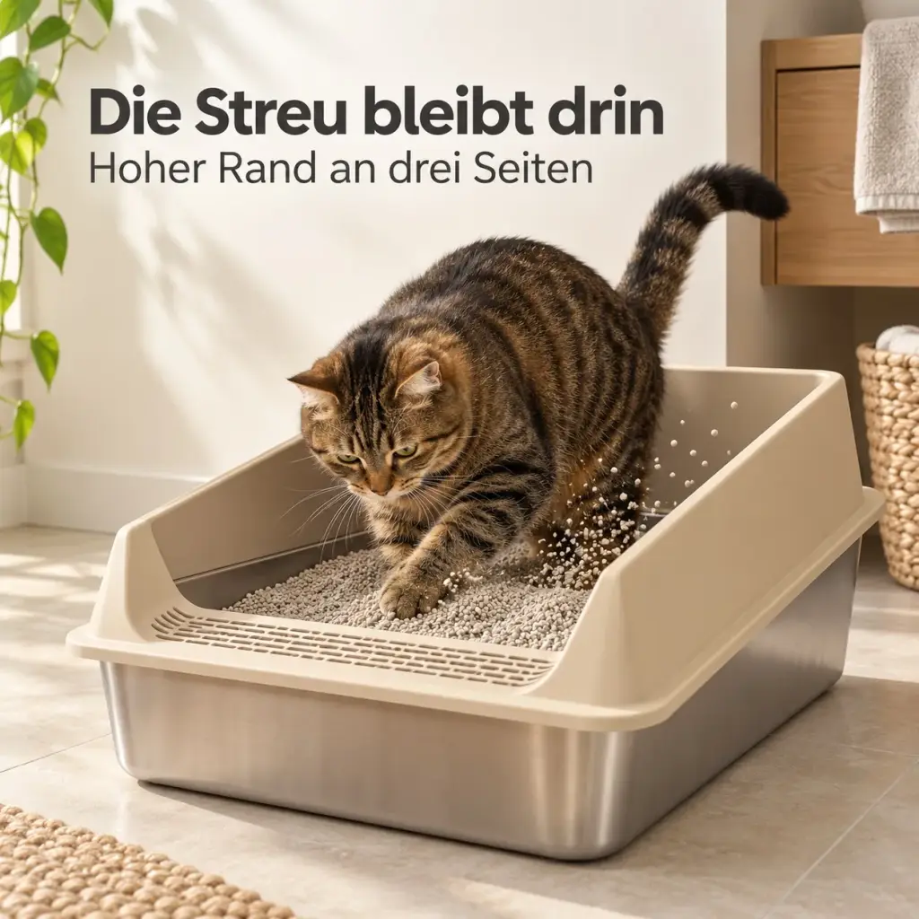 Katze scharrt im Katzenklo, der hohe Rand hält die Streu zurück