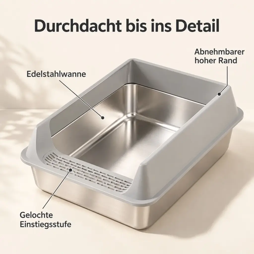 Detailansicht von Edelstahlwanne, abnehmbarem Aufsatz und gelochter Einstiegsstufe