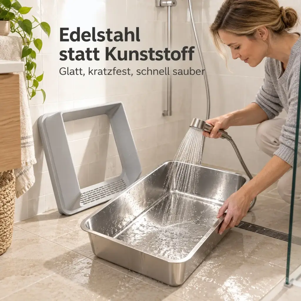 Glatte Edelstahlwanne wird mit Wasser ausgespült