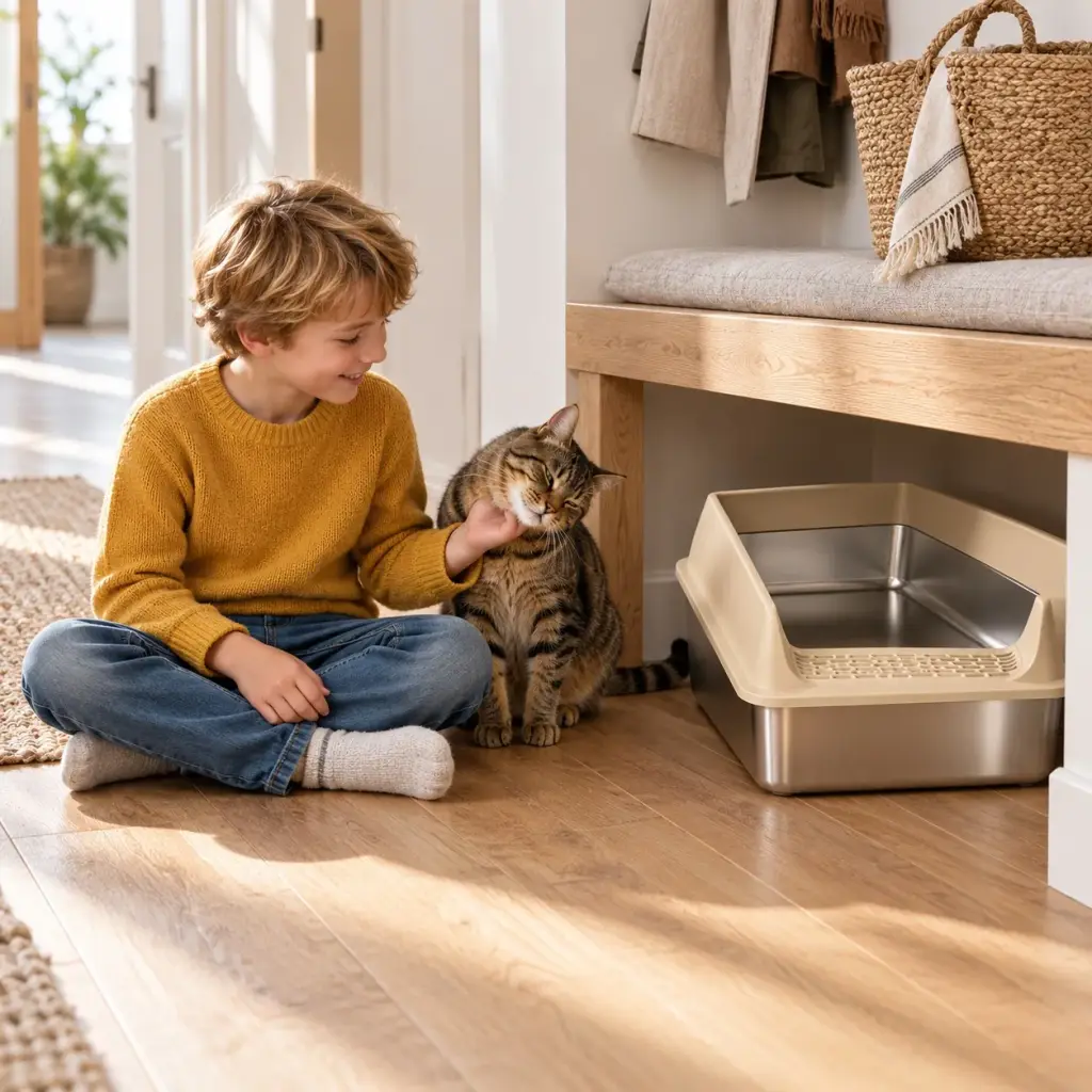 Kind schaut der Katze zu, die neben dem beigen Katzenklo im Flur sitzt
