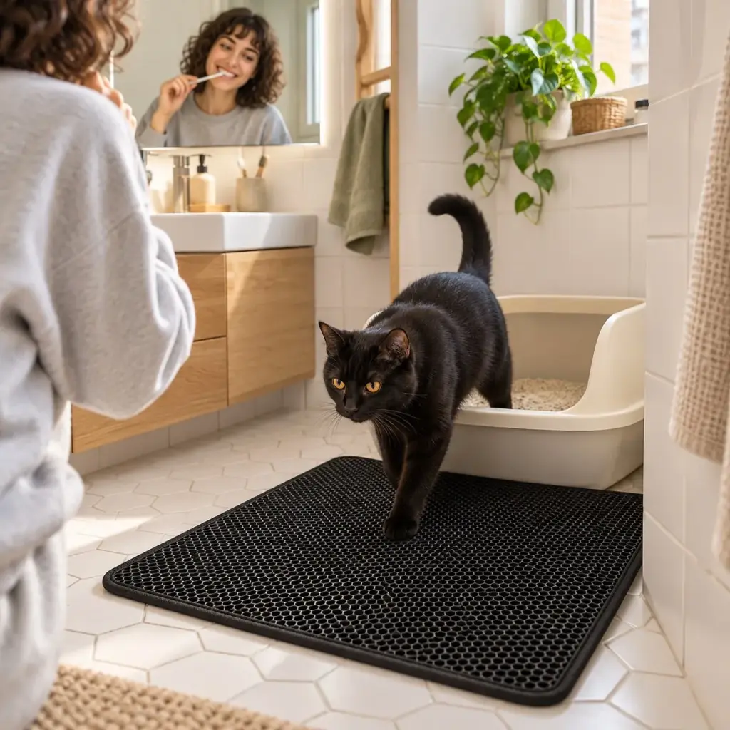 Schwarze Katze verlässt das Katzenklo über die Matte im kleinen hellen Badezimmer