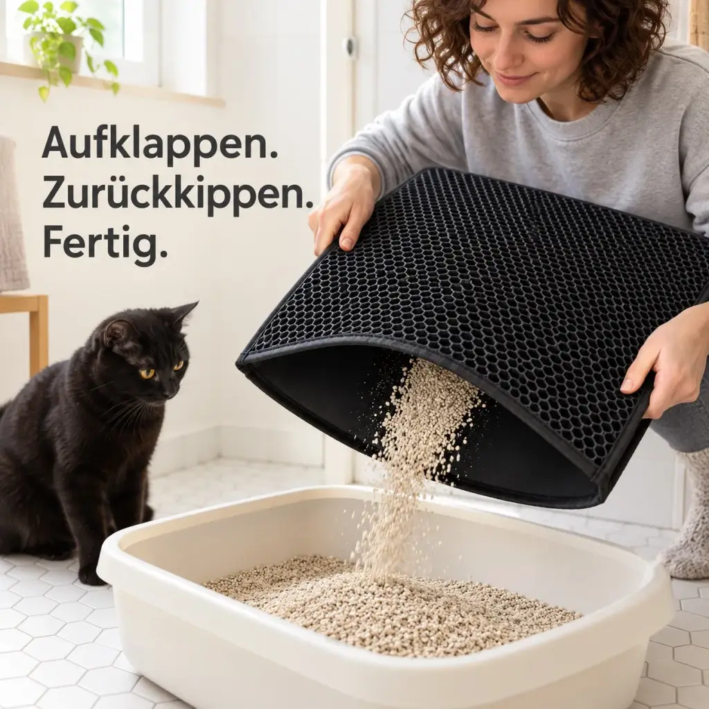 Frau kippt die gesammelte Streu aus der Matte zurück ins Katzenklo