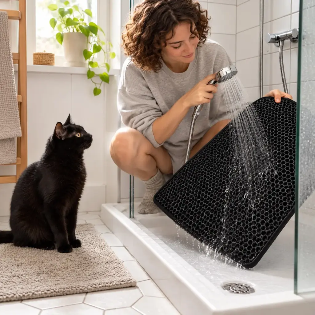 Matte wird in der Dusche mit Wasser abgespült