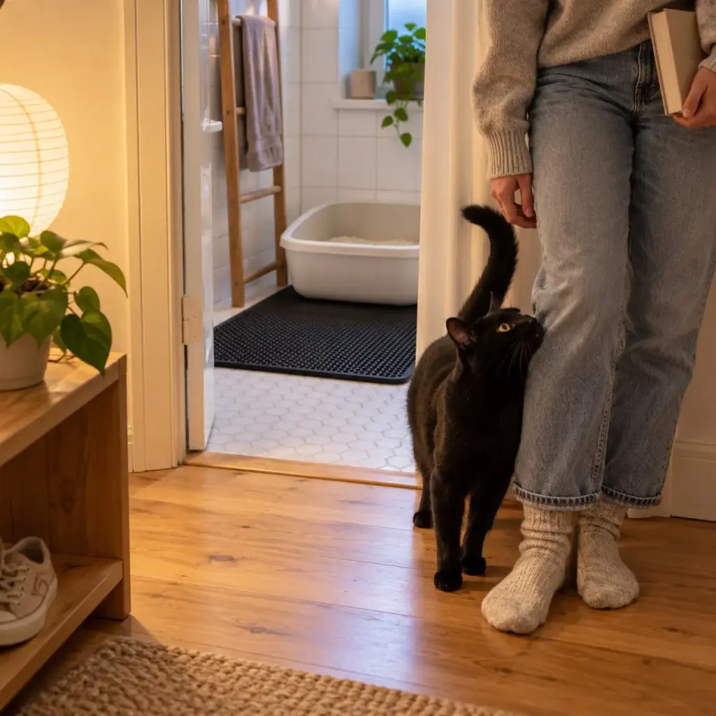 Junge Frau barfuß im Flur, ihre Katze streicht um ihre Beine