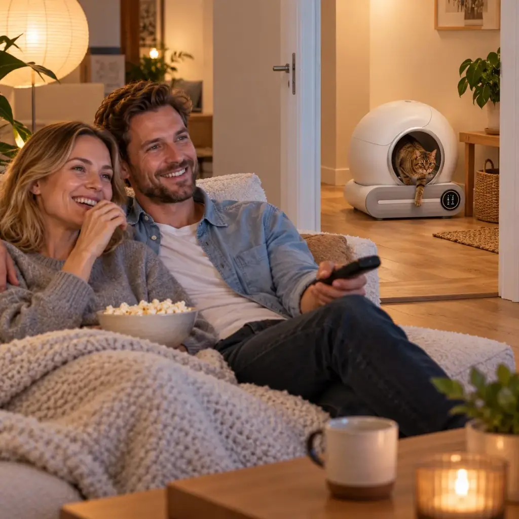Paar auf dem Sofa, im Hintergrund verlässt eine getigerte Katze das selbstreinigende Katzenklo