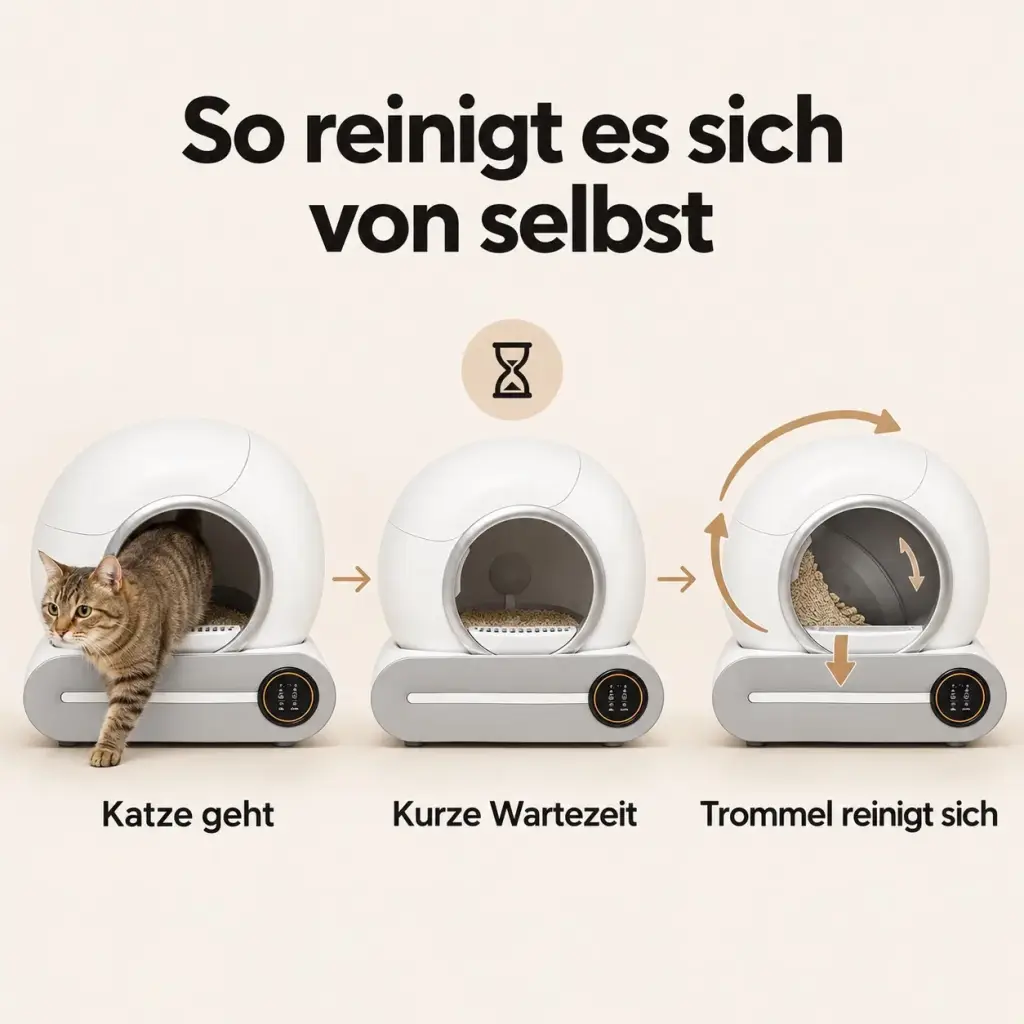 Grafik zum Reinigungsablauf des selbstreinigenden Katzenklos in drei Schritten