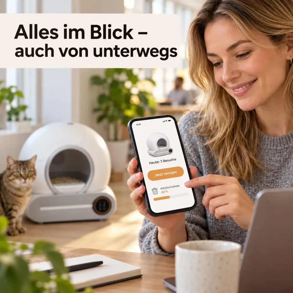 Frau sieht im Büro auf dem Smartphone die App des Katzenklos