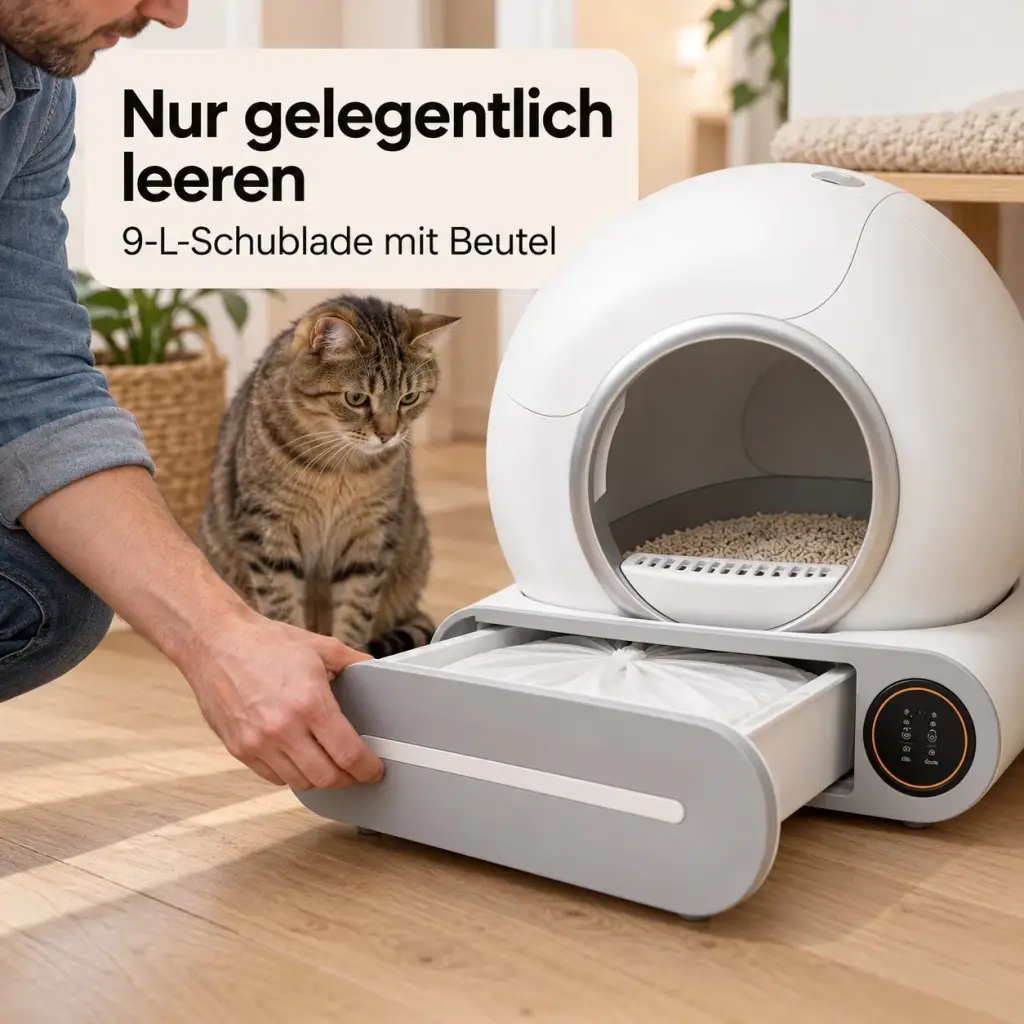 Hand zieht die Abfallschublade mit Beutel aus dem Sockel des Katzenklos