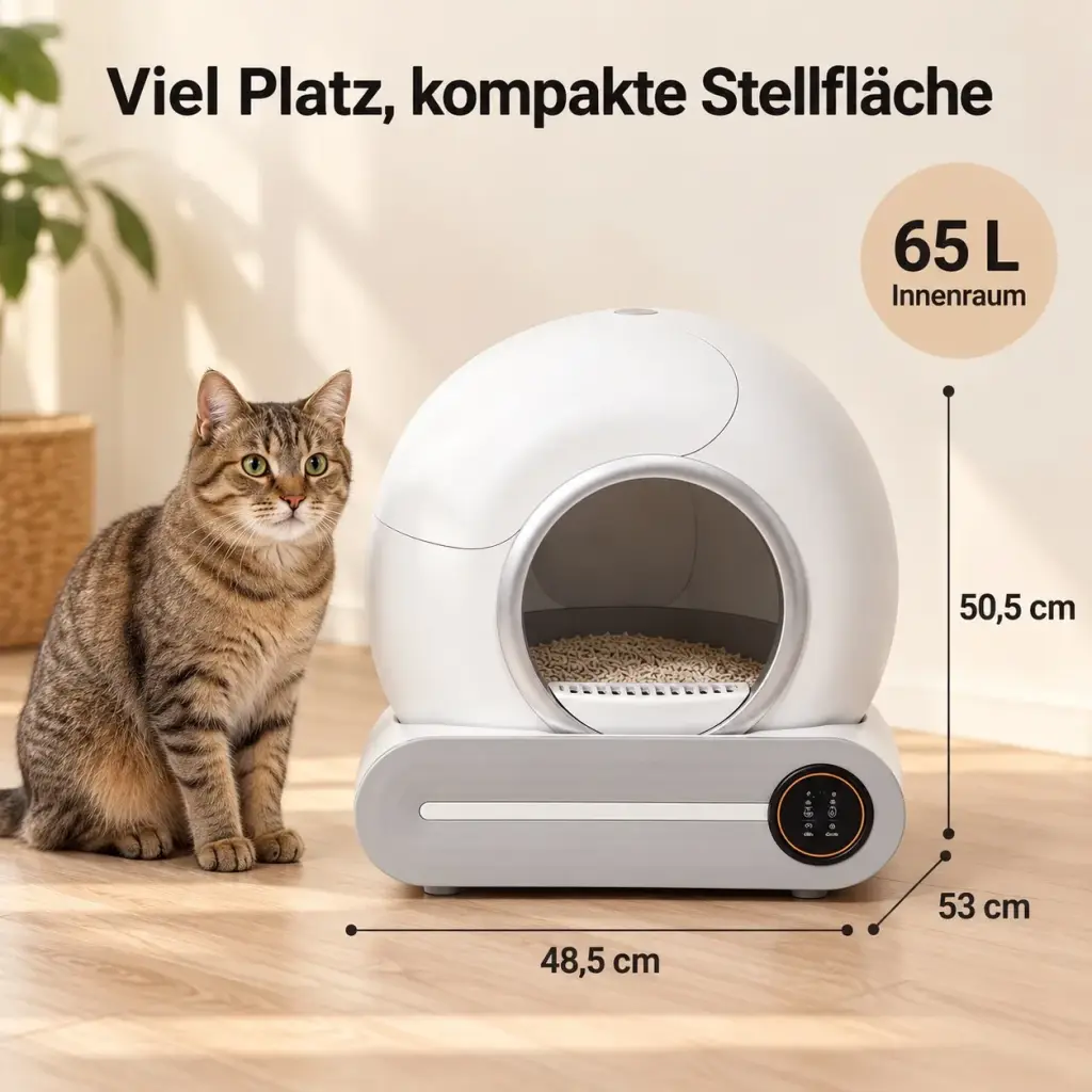 Maße des selbstreinigenden Katzenklos: 48,5 × 53 × 50,5 cm, 65 L