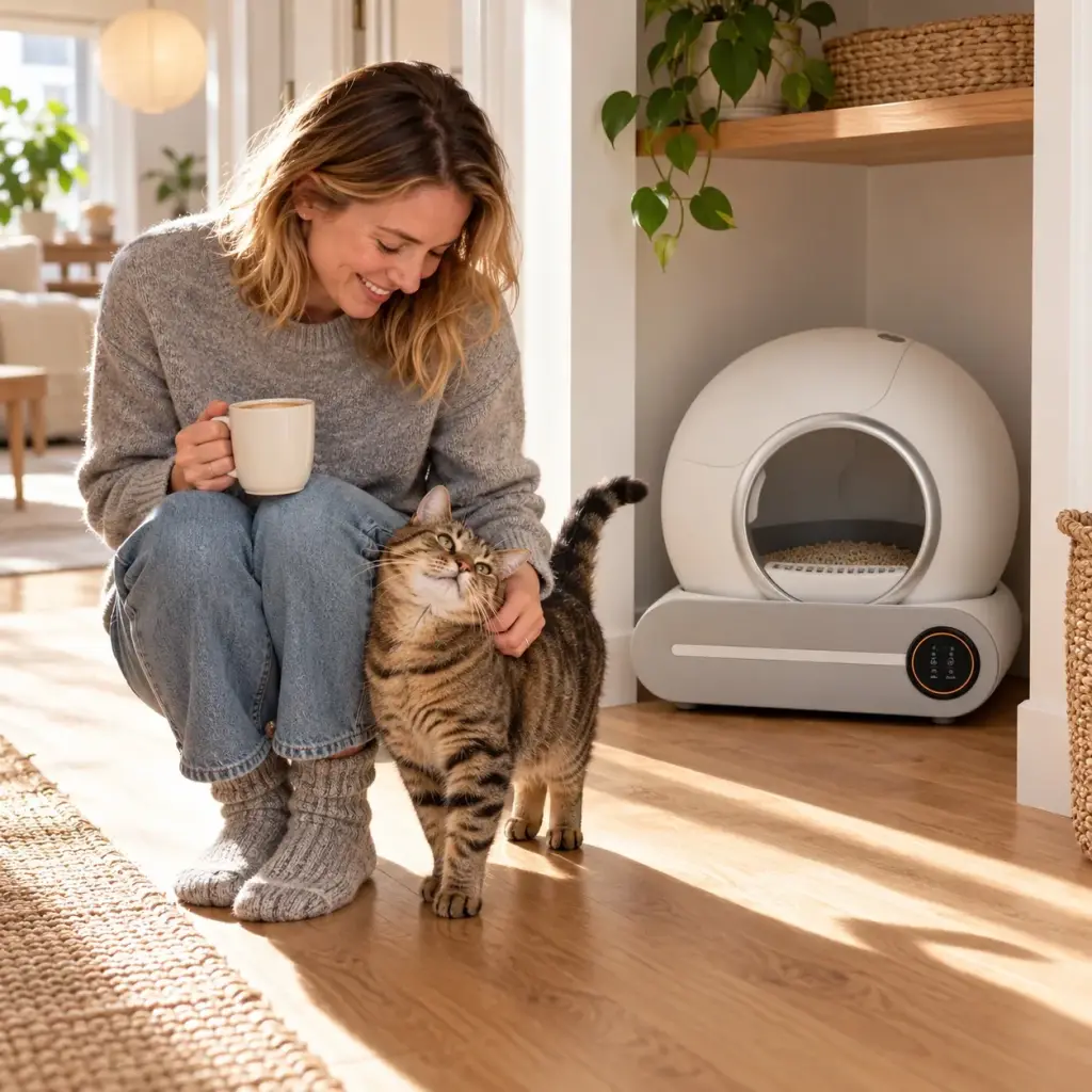 Frau mit Kaffeetasse am Samstagmorgen, die Katze streicht um ihre Beine, Katzenklo im Hintergrund