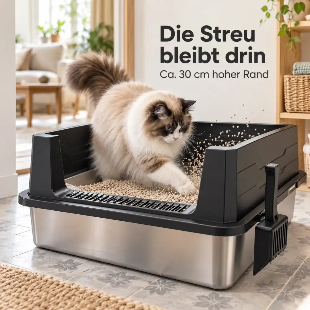 Katze scharrt im Katzenklo XXL, der hohe Rand hält die Streu im Klo