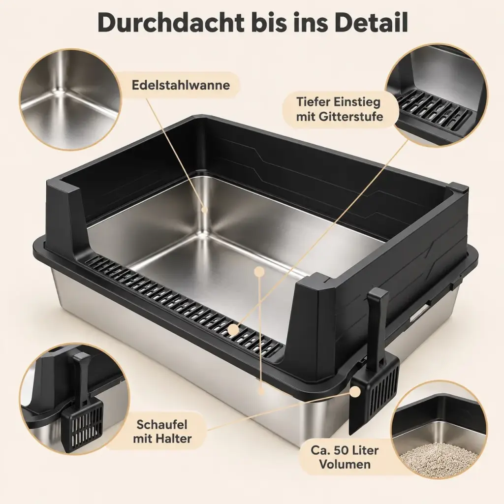 Detailansicht von Edelstahlwanne, Gitterstufe und eingehängter Streuschaufel
