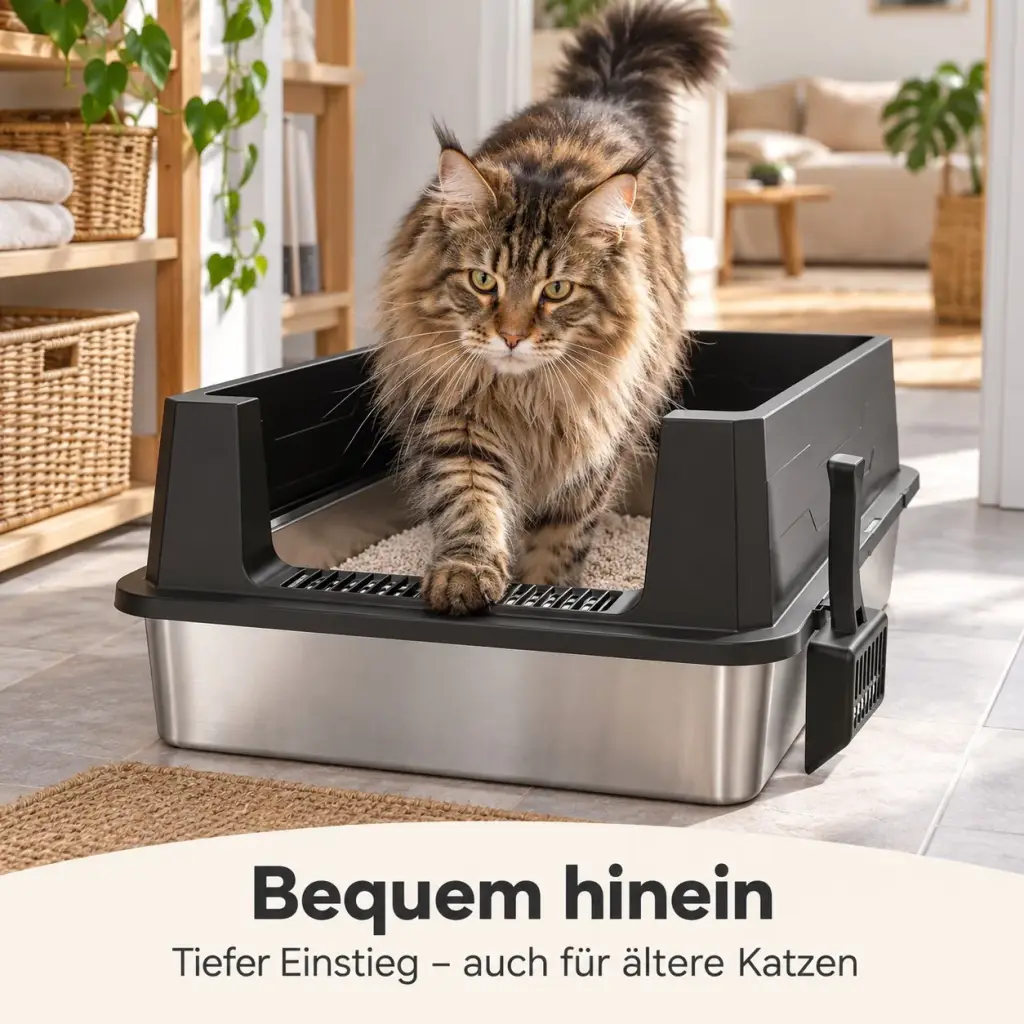 Ältere Katze steigt durch den tiefen Einstieg ins Katzenklo