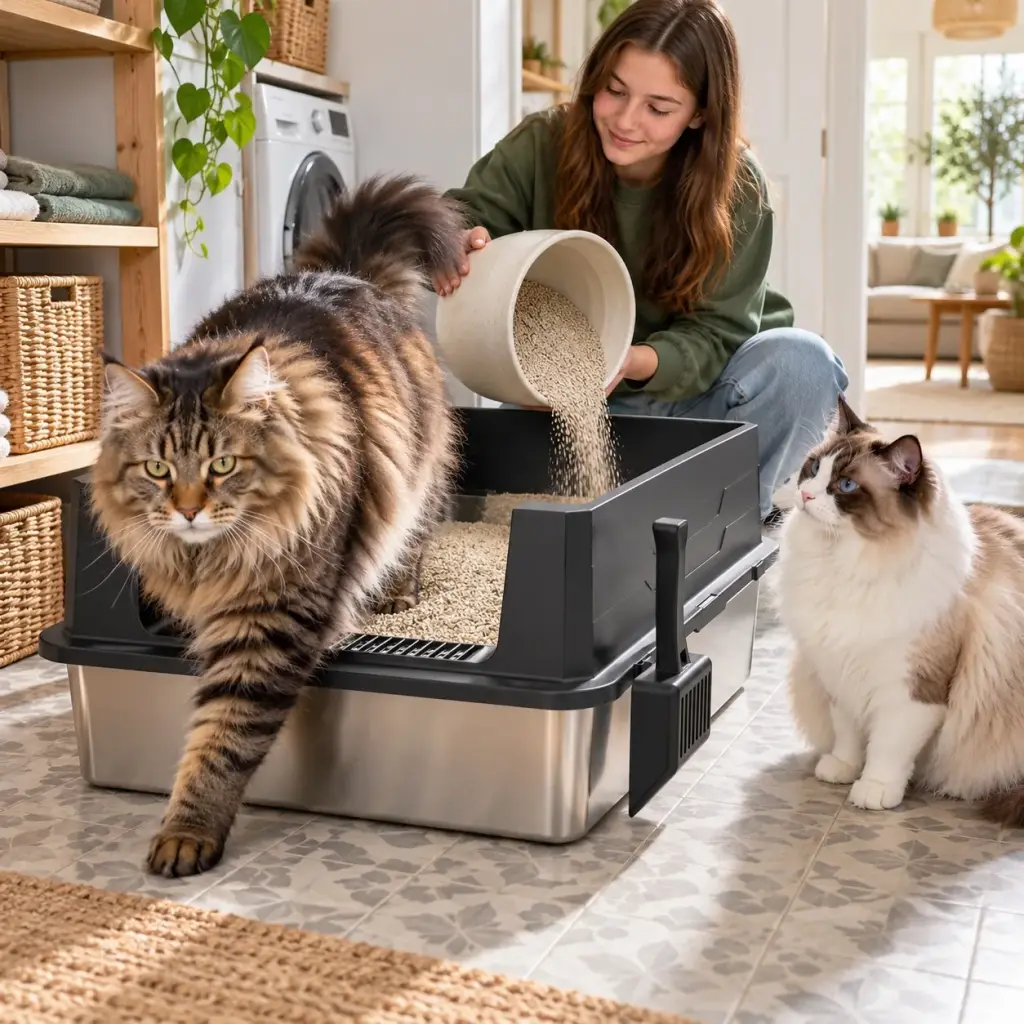 Zwei Katzen neben dem großen Katzenklo im Hauswirtschaftsraum