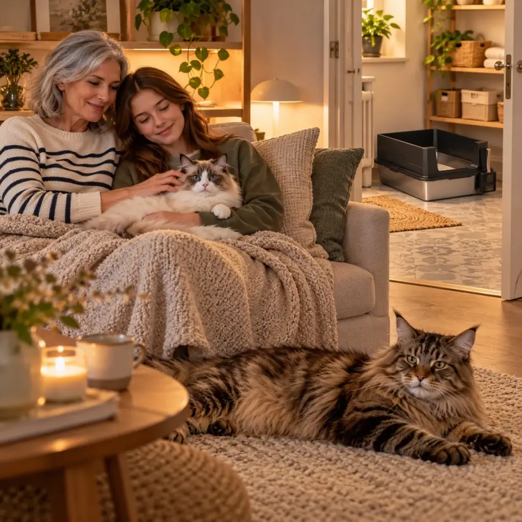 Mutter und Tochter mit zwei Katzen am Abend im Wohnbereich