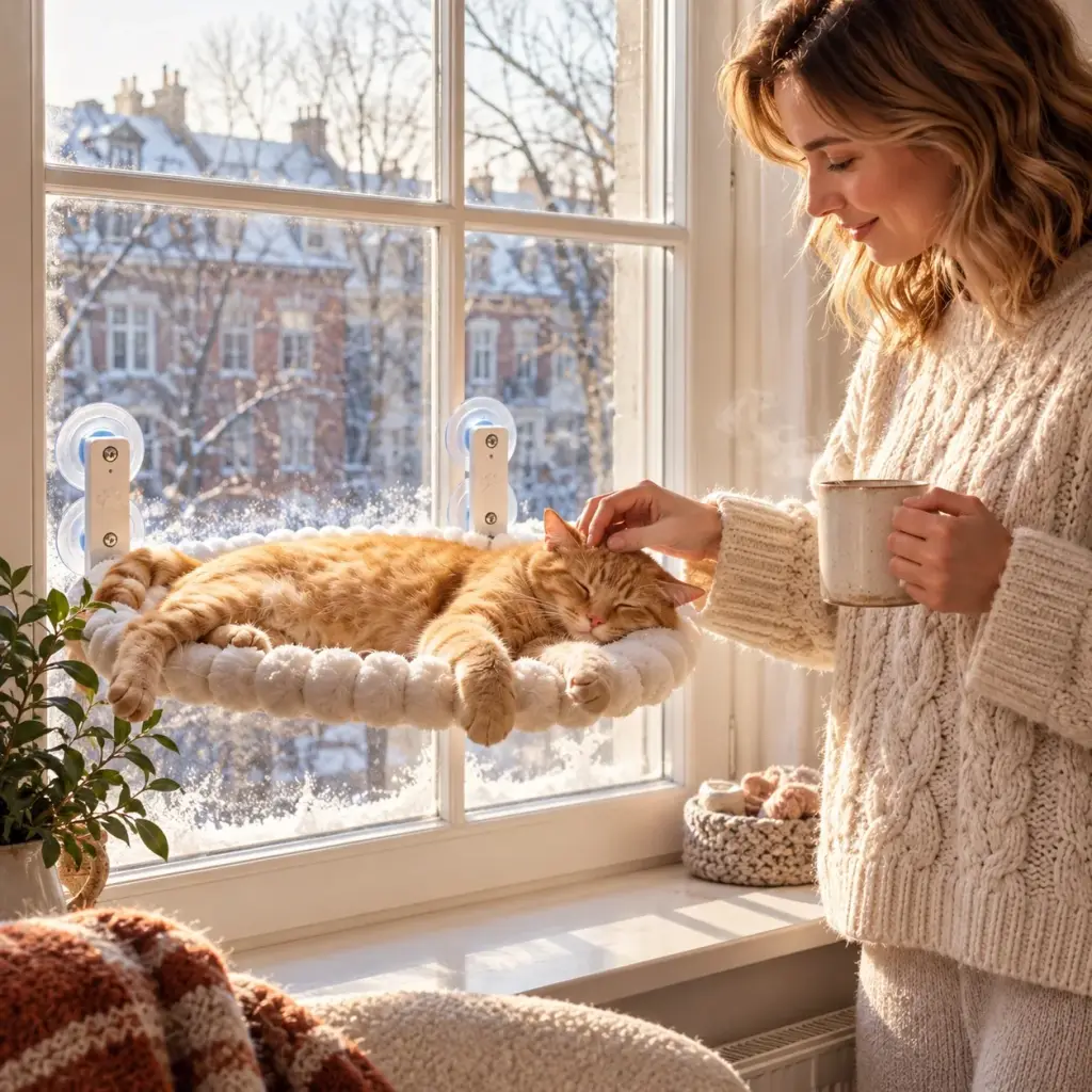Roter Kater schläft ausgestreckt in der Plüsch-Katzenliege am Fenster, seine Besitzerin streichelt ihn mit einer Kaffeetasse in der Hand
