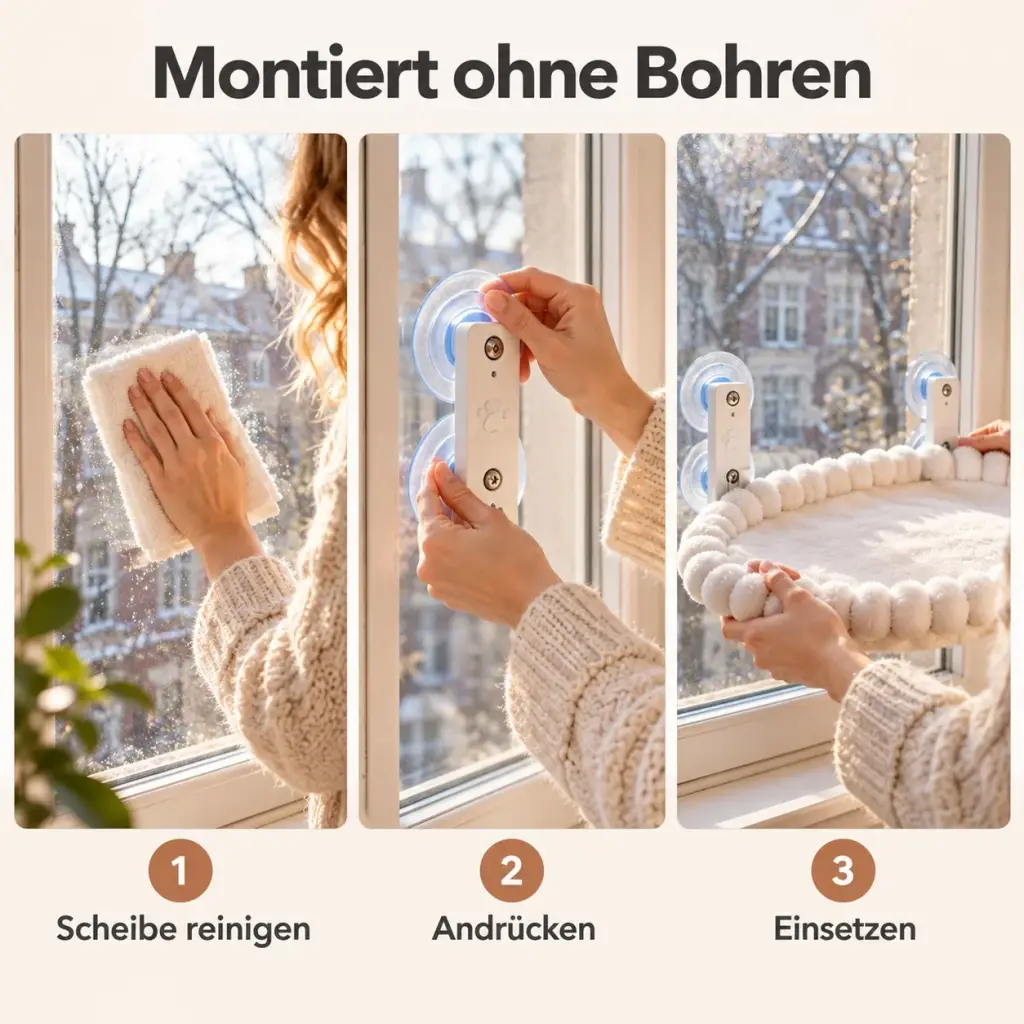 Montage der Katzenliege am Fenster in drei Schritten