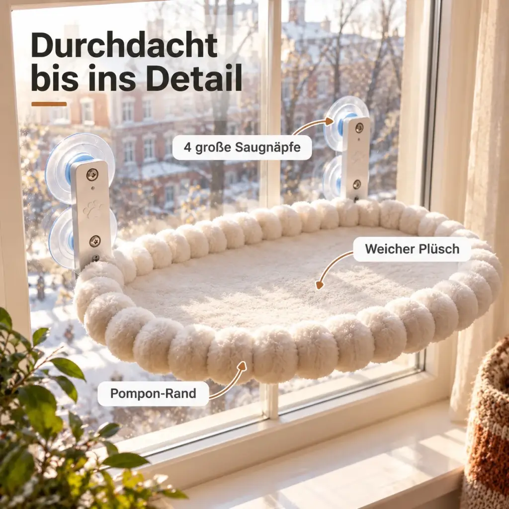 Details der Katzenliege: Pompon-Rand, Plüsch und Saugnäpfe