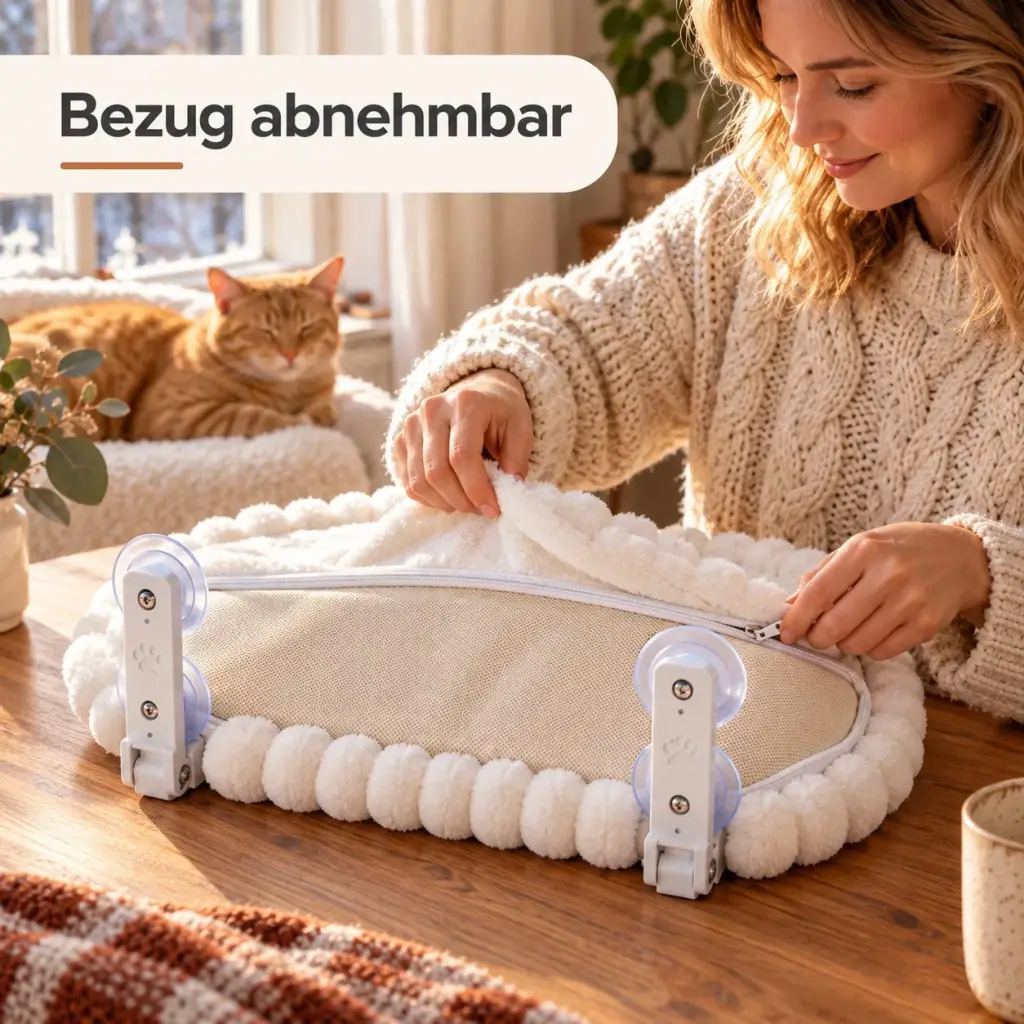 Hände öffnen den Reißverschluss an der Unterseite der Katzenliege und nehmen den Bezug ab