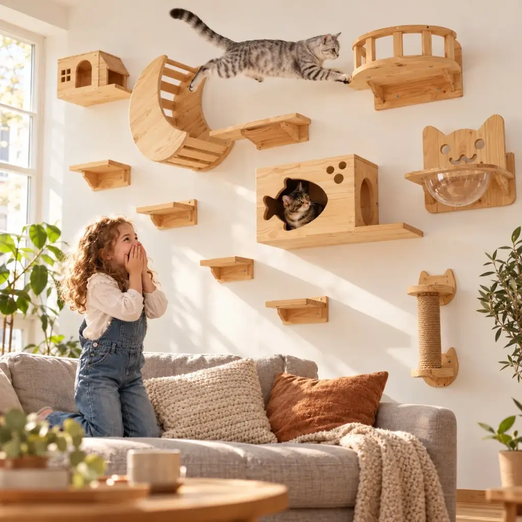 Mädchen schaut lachend zu, wie zwei Katzen über die Kletterwand aus Holzmodulen klettern