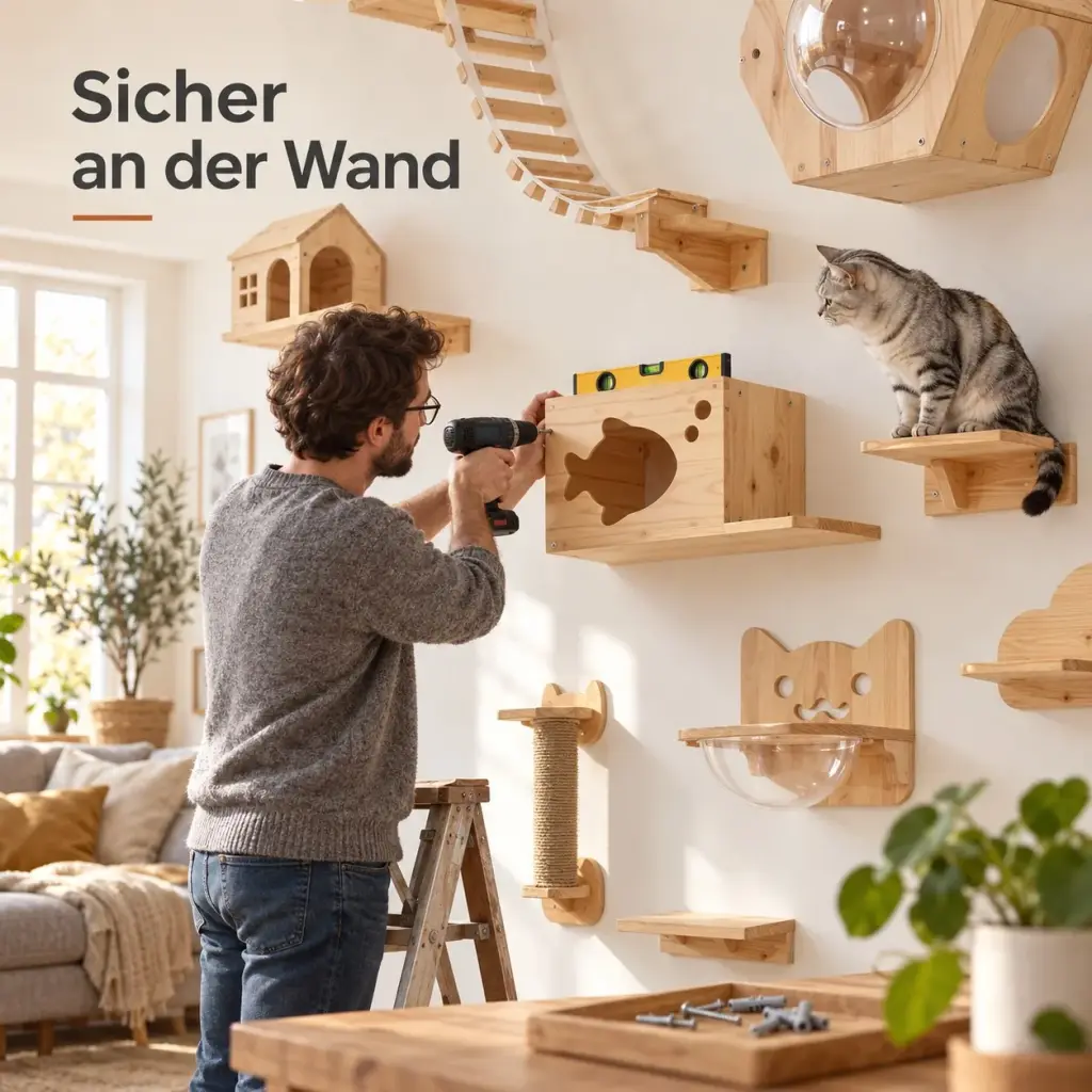 Vater schraubt ein Wandmodul für Katzen mit der Wasserwaage an die Wand