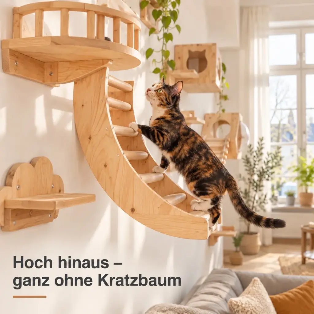 Katze springt von der Mond-Leiter auf den Balkon mit Geländer