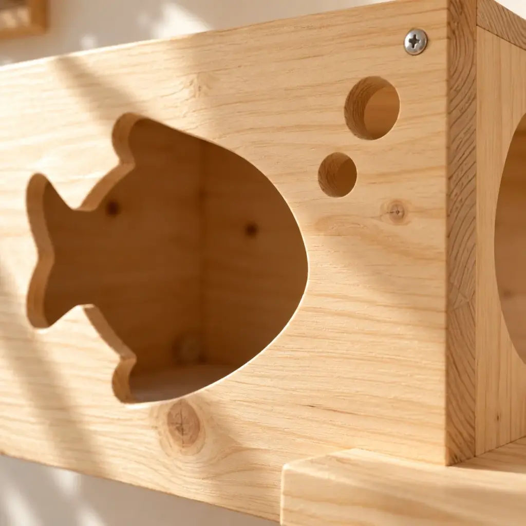 Nahaufnahme der Holzmaserung und der ausgesägten Fischform