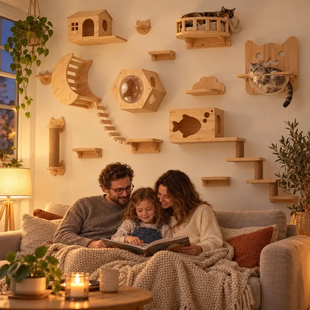 Familie auf dem Sofa am Abend, zwei Katzen ruhen auf ihrer Kletterwand