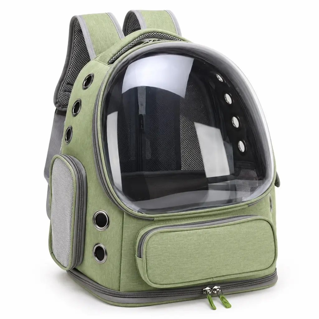 Katzenrucksack mit Sichtfenster in Salbeigrün und Leinenoptik