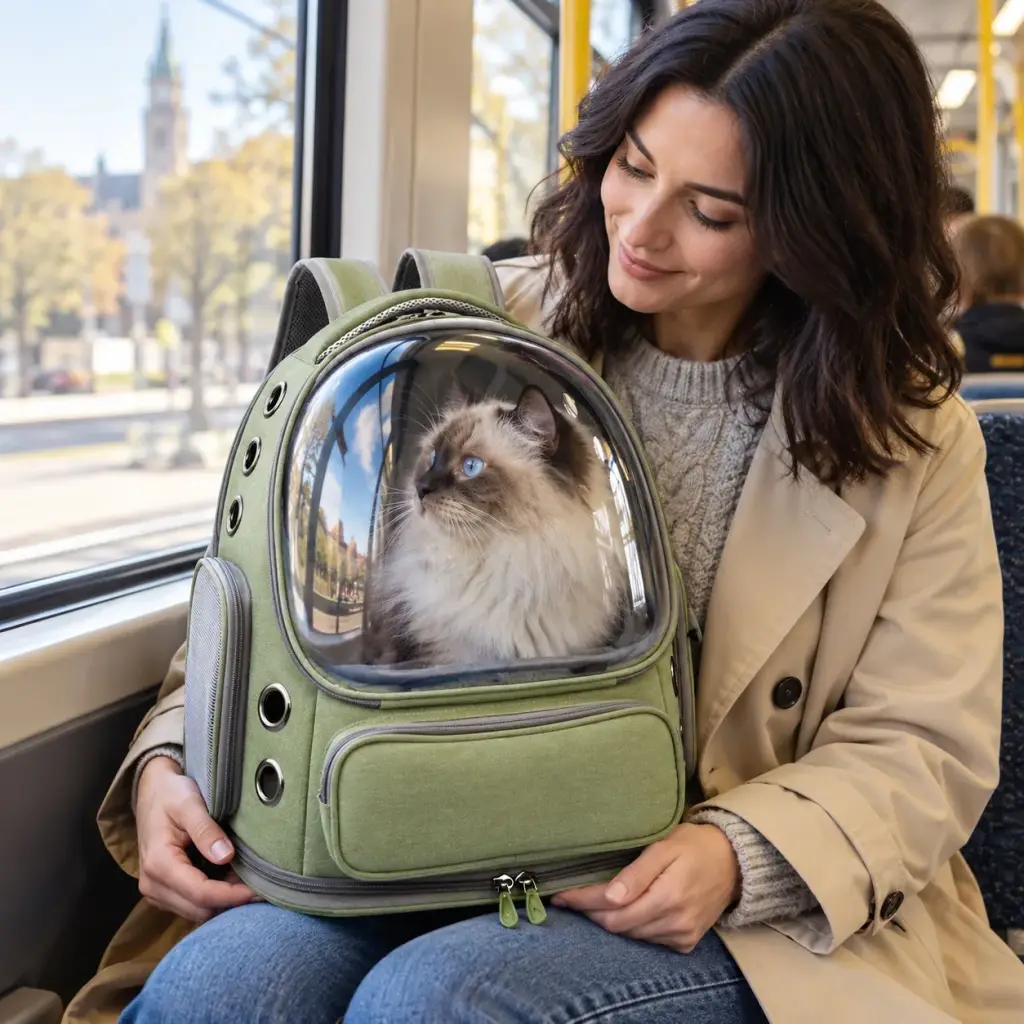 Ragdoll-Katze schaut in der Straßenbahn durch das Sichtfenster des Katzenrucksacks