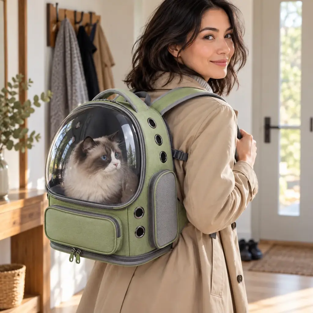 Frau mit Katzenrucksack im Park