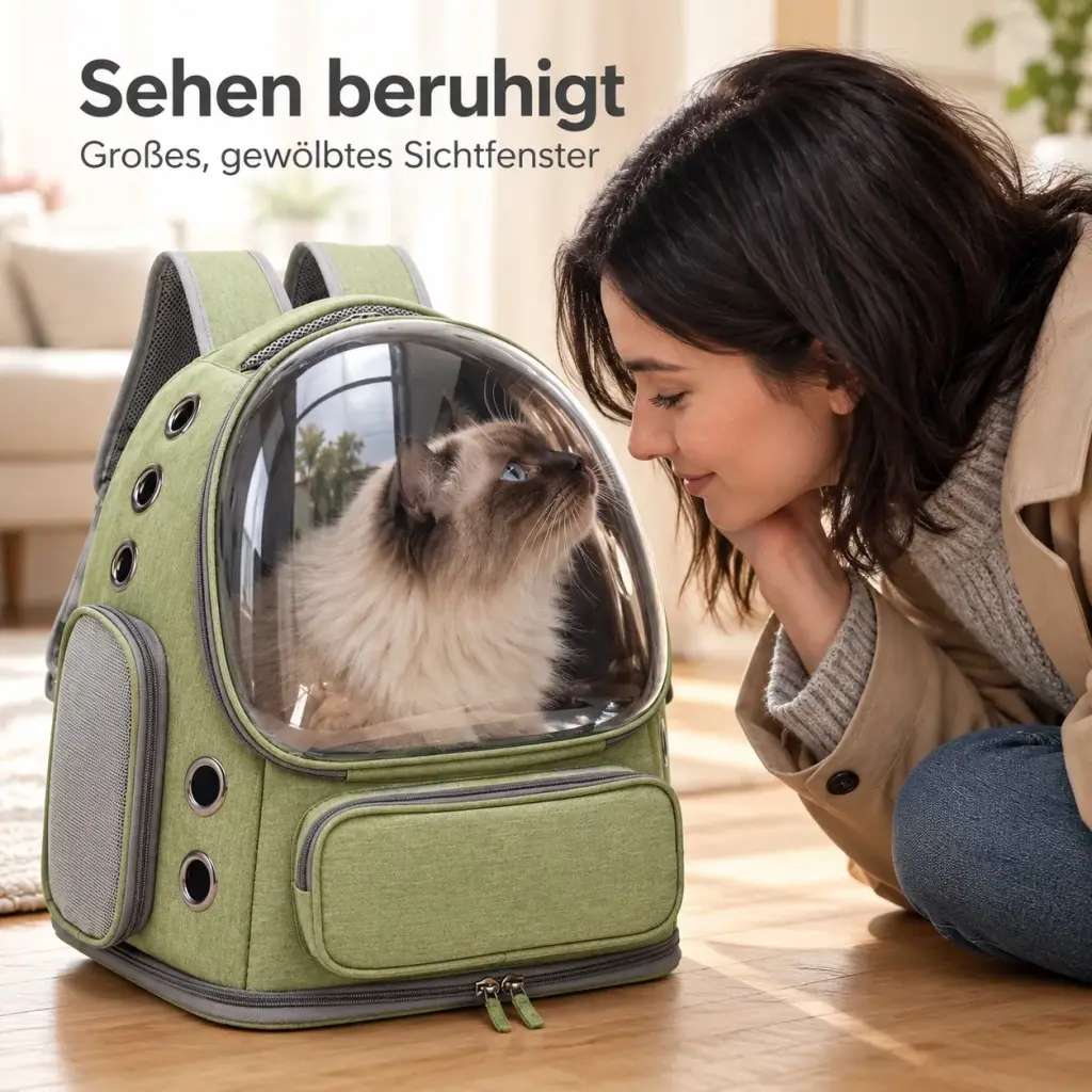 Katze im Rucksack betrachtet neugierig ihre Besitzerin