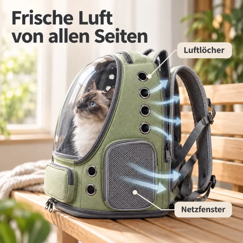 Seitenansicht des Katzenrucksacks mit Luftlöchern und Netzfenster