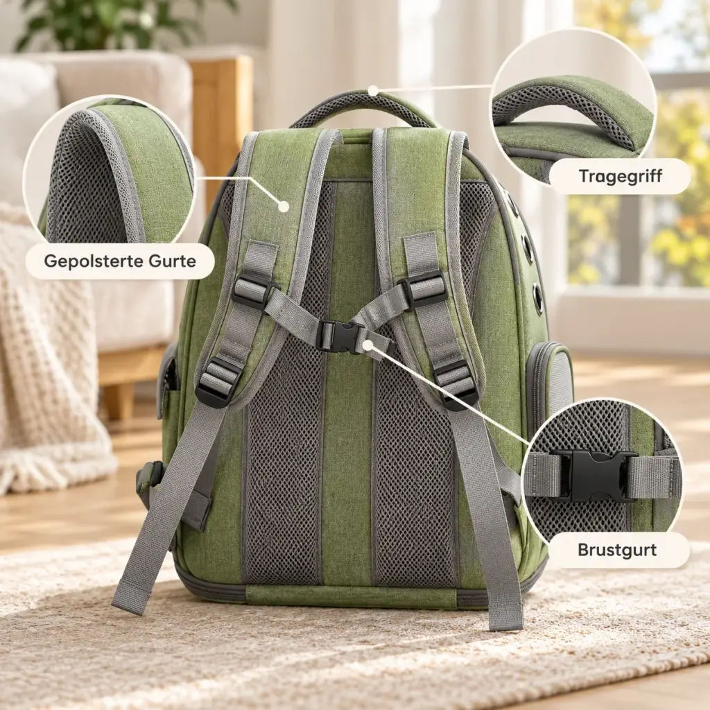 Rückseite des Katzenrucksacks mit gepolsterten Gurten und Brustgurt