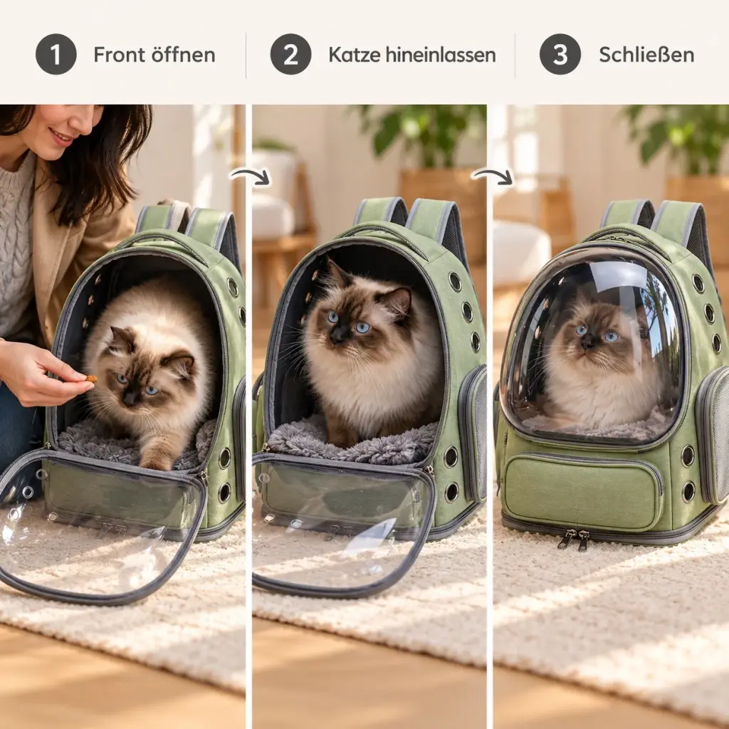 Geöffnete Front des Rucksacks, Katze steigt hinein
