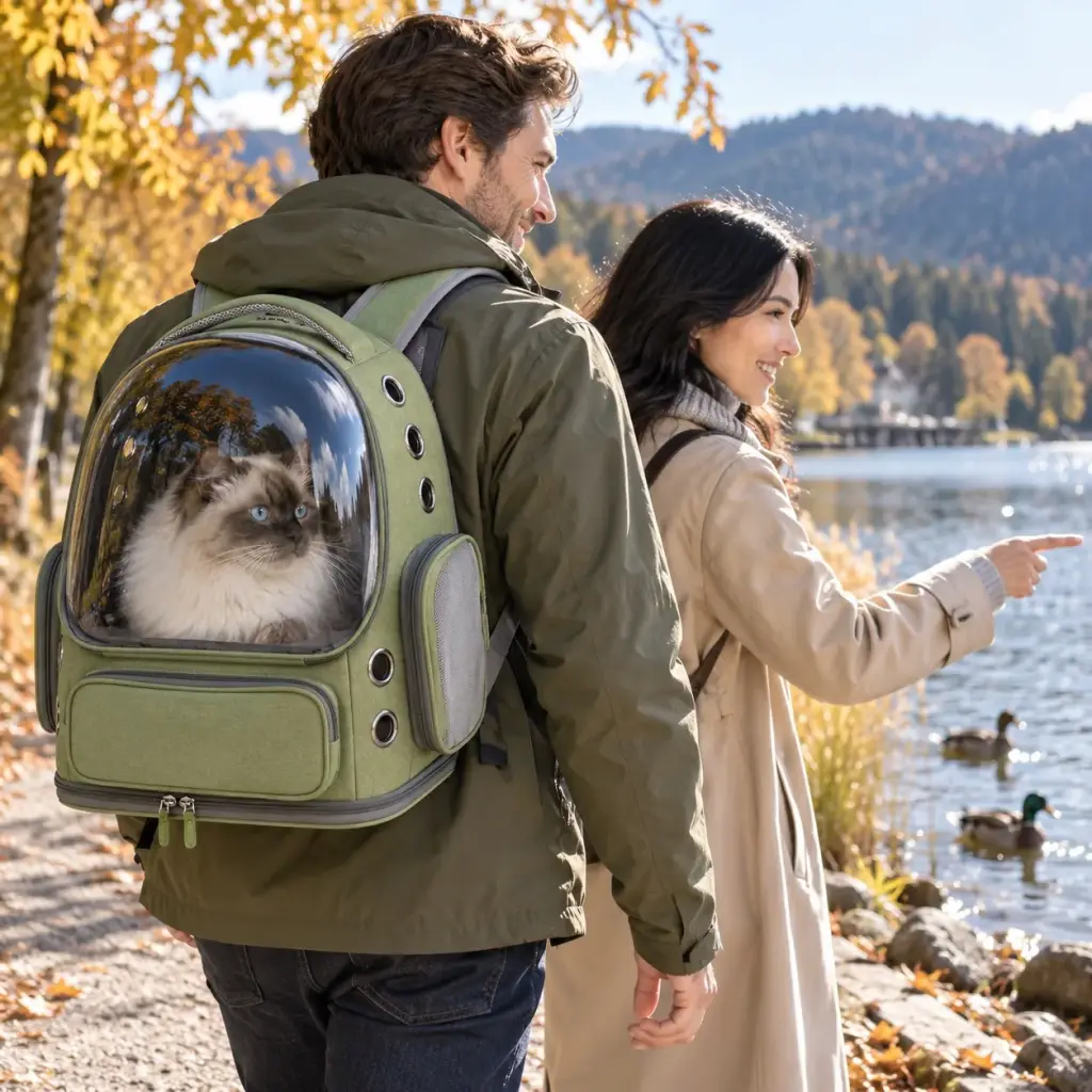 Paar wandert mit der Katze im Rucksack an einem See