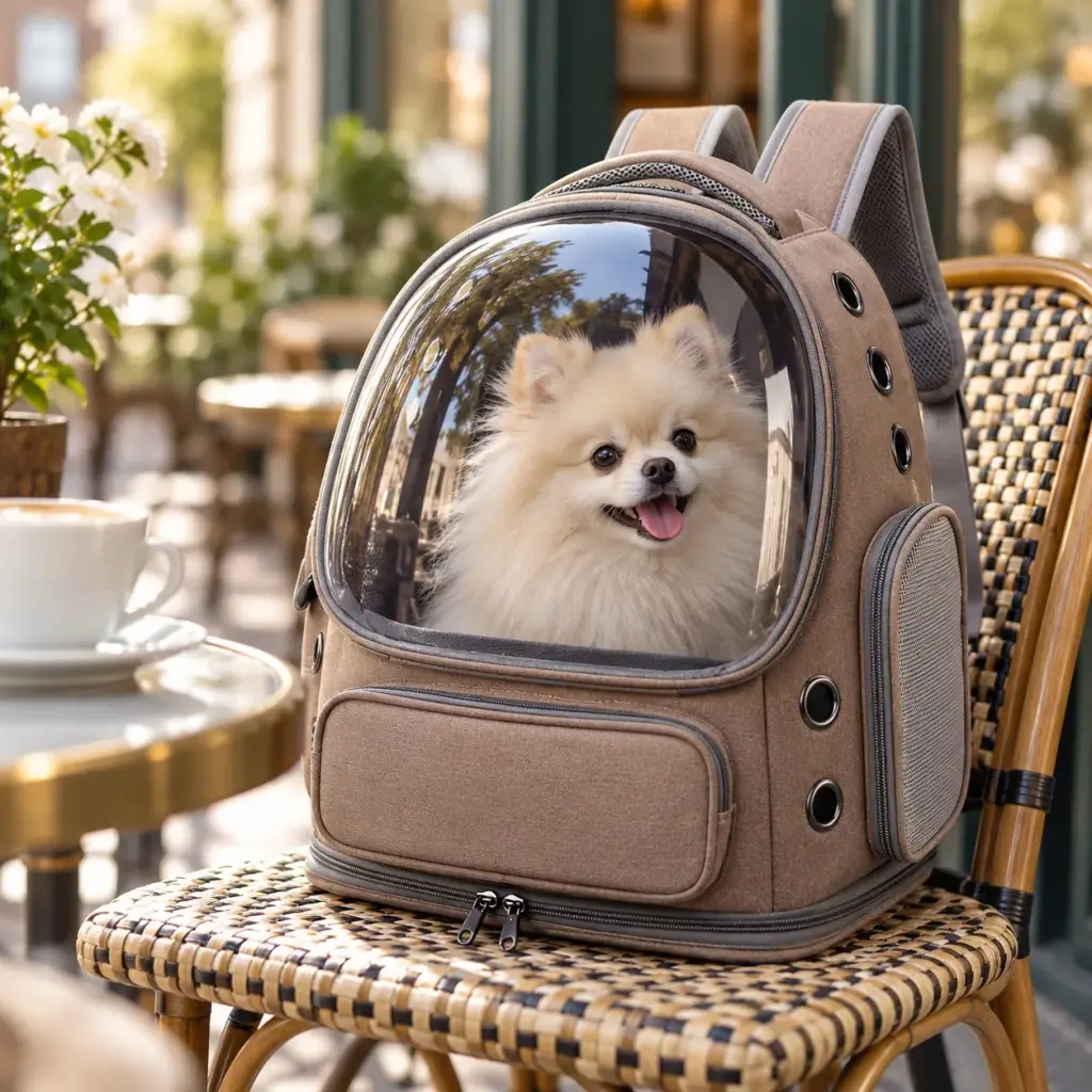 Kleiner Hund im braunen Katzenrucksack