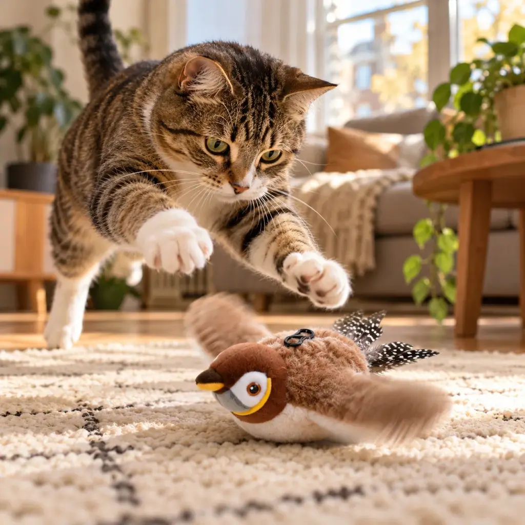 Getigerte Katze springt auf den flatternden Plüsch-Spatz im Wohnzimmer