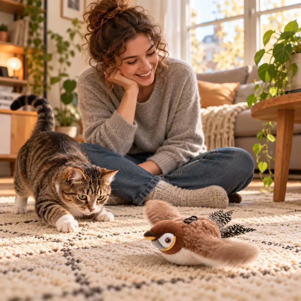 Junge Frau sitzt auf dem Teppich und spielt mit Katze und Spatz