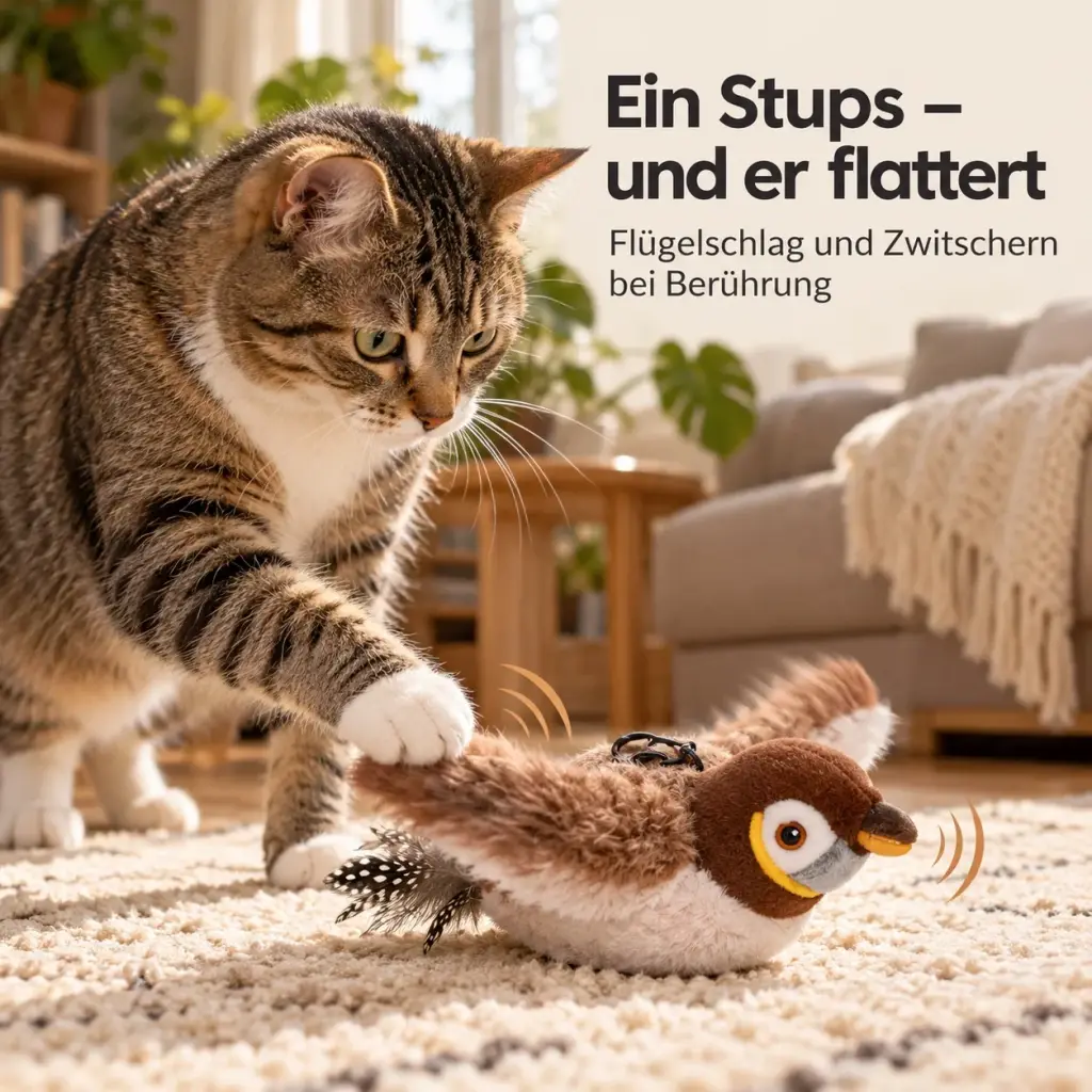 Katzenpfote stupst den Spatz an, er schlägt mit den Flügeln